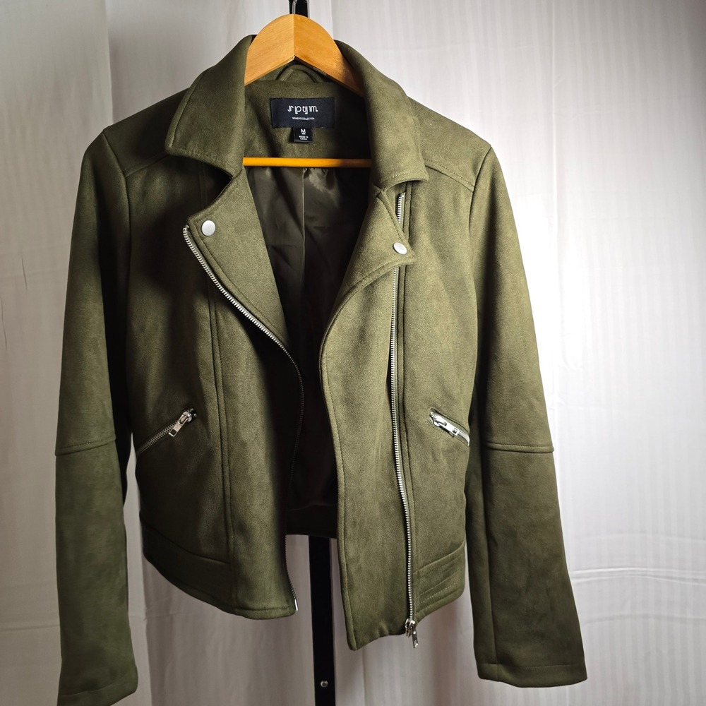 SPYM Women's M Collection Olive Green Thick Plush Moto Bikeresque Jacket Zippers - Picture 2 of 12